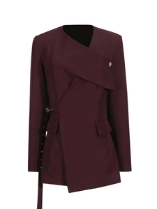 Elegant deep burgundy asymmetric blazer with decorative belt and metal eyelet details
