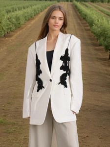 Chic beige oversized blazer for women with black sequin butterfly embroidery detail