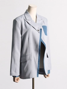 Chic light gray blazer featuring blue denim patchwork contrast and loose casual fit