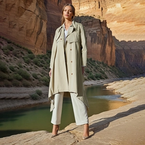Detail of khaki long trench coat with irregular hem and natural outdoor lighting