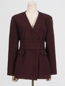 Elegant burgundy long sleeve belted top and wide-leg trousers two-piece set for women