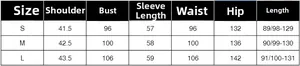 Detailed size guide table with measurements for the urban slim-fit long trench coat