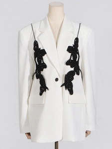 White oversized blazer for women with unique black sequin butterfly patches and single button