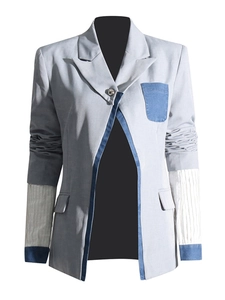 Women's light grey blazer with blue denim trim and white pleated long sleeves