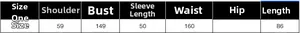 Detailed size chart for oversized casual top showing shoulder, bust and length measurements