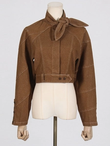 Brown denim style short jacket featuring a trendy tie-neck design and contrast stitching