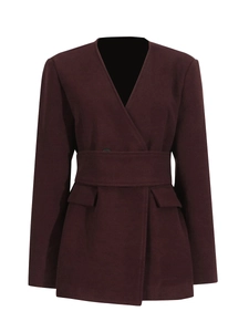 Elegant burgundy long-sleeved waisted blazer jacket with matching belt for women