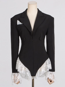 Elegant black blazer romper for women with white lace trim and slim fit design
