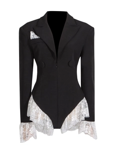 Elegant black long sleeve blazer bodysuit with white lace ruffles and lapel design