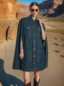 Women Denim Cape Jacket Loose Fashion Lapel Poncho Style Stitching Multi Pocket Cargo Workwear Spring Cotton Outerwear