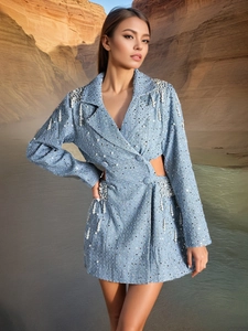 Elegant Light Blue Sequin Blazer Dress For Women With Faux Artificial Pearl Beaded Cut Out Waist Double Breasted Long Sleeve Mini Dress