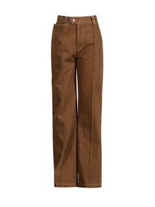 Brown high-waisted wide-leg trousers with asymmetric waist and side buttons design
