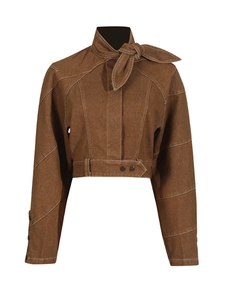 Brown cropped jacket with a high tie neck collar and white topstitching for women