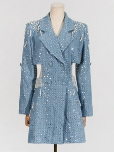 Light blue sequined tweed mini dress with pearl trim and waist cut-out detail