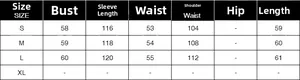 Detailed size chart for knit sweater showing shoulder, bust, waist, and length measurements