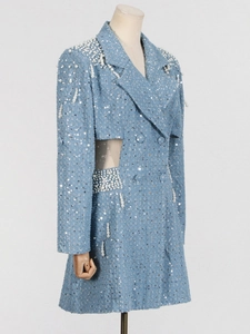 Elegant light blue sequined blazer dress with pearl accents and waist cut-out detail