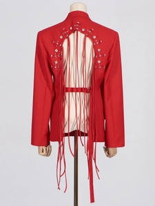 Women's red blazer with unique back cutout design featuring rhinestones and long tassels