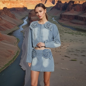 Detail van een lichtblauwe denim set met grote 3D stoffen roos accenten op een mini-rok