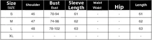 Detailed size chart for long sleeve slim T-shirt including shoulder and bust measurements