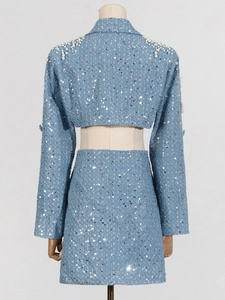 Blue sequin two-piece dress set with pearl shoulder details and a slim-fit skirt