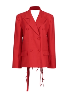 Women's red double-breasted blazer with peak lapel and stylish tassel fringe hem