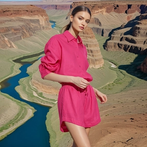 Detail of rose pink shirt and shorts set with breathable natural fabric texture