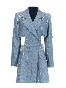 Elegant light blue sequined blazer dress with pearl accents and stylish waist cut-outs