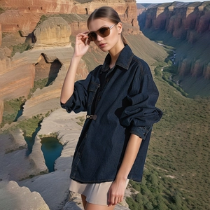 Giacca di jeans oversize blu scuro vintage con fibbia in metallo e sfondo canyon