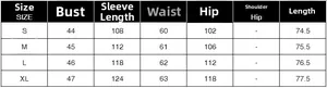 Detailed size chart for women's blazer showing measurements for S, M, L, XL sizes