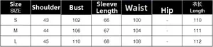 Detailed size chart for the ruffle trim trench coat including S, M, and L measurements