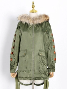 Army green hooded parka coat with faux fur collar and decorative metal eyelets