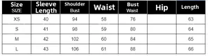 Tableau détaillé des tailles avec mesures pour veste blazer minimaliste pour femme