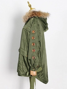 Army green hooded parka jacket with brown fur collar and metal eyelet sleeve detail