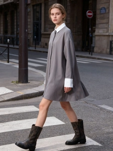 Women's Casual Contrast Color Shirt Dress Long Sleeve Loose Mid-Length Patchwork Blouse Outerwear Grey White Lapel Office Top