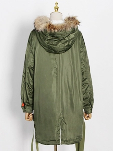 Army green long parka coat with plush brown faux fur hood and classic fishtail hem