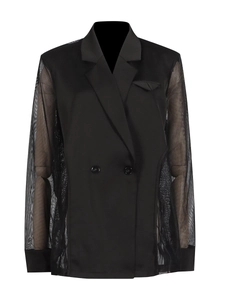Blazer croisé noir pour femme avec manches en mesh transparent et col à revers de style élégant