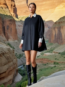 Women's chic black and white color block shirt dress with stylish long boots
