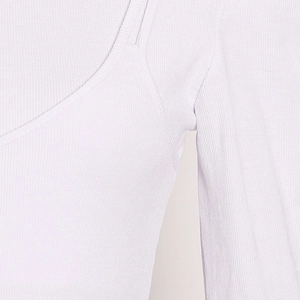 Close-up of white ribbed knit fabric showing fine stitching details on the neckline