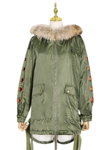 Women's army green parka coat with detachable faux fur collar and eyelet sleeve details