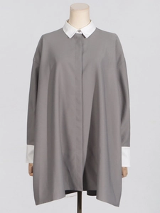 Women's loose grey tunic shirt with white contrast collar and hidden placket design