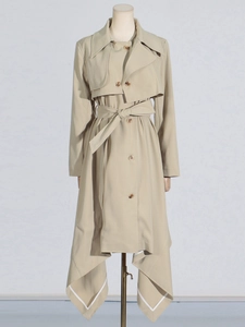 Slim fit khaki trench coat for women with classic lapels and irregular hem detail