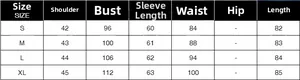 Detailed size guide table for women's blazer showing measurements for S, M, L, XL sizes