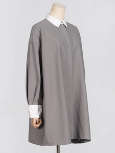 Minimalist loose-fit shirt dress in neutral grey with white contrast collar and cuffs
