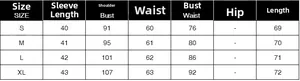 Detailed size chart for long sleeve slim fit suit jacket including S to XL measurements
