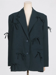 Veste de tailleur vert foncé pour femme avec nœuds papillon 3D et fermeture à deux boutons