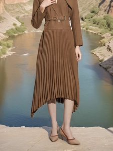 Elegant dark coffee blazer dress suit with pleated asymmetric skirt and waist belt
