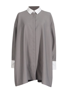 Elegant grey and white color-block long-sleeve blouse with loose minimalist silhouette