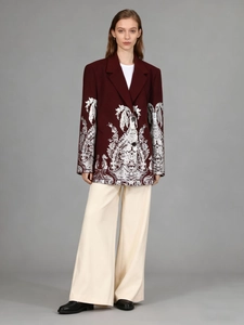 Blazer Femme Rouge Vin Vintage Imprimé Floral Baroque Argent Col à Revers Manches Longues Manteau Streetwear Individuel