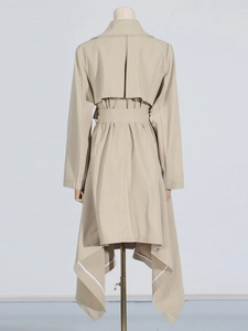 Back view of khaki long trench coat with irregular hem and storm flap for women