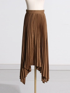 Elegant high waist pleated midi skirt with irregular hem in coffee brown fabric